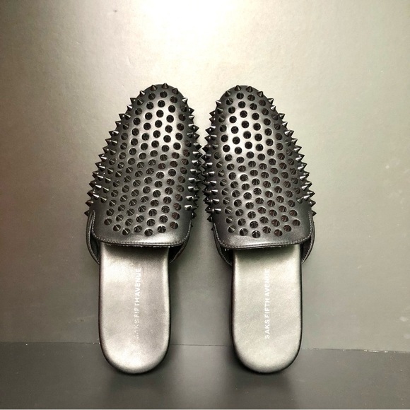 Saks Fifth Avenue Rudy Black Studded Leather Mules Men’s 7 Women’s 8.5 Punk Edgy - Picture 1 of 11